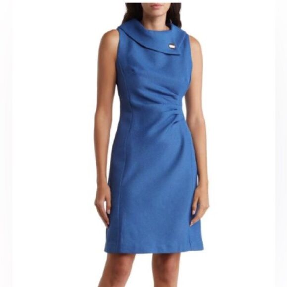 Tahari ASL Envelope Neck Sleeveless Sheath Dress Women Size 6 Blue Ruched Waist - Picture 1 of 11